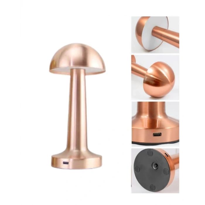 Mey İthalat® Kablosuz Dokunmatik Masa Lambası 3 Işık Modlu USB Şarjlı Bronz