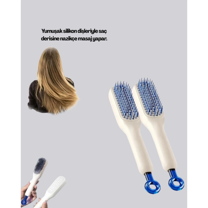 Mey İthalat® Kendini Temizleyen Ergonomik Saç Tarağı – ABS Gövde, Silikon Diş