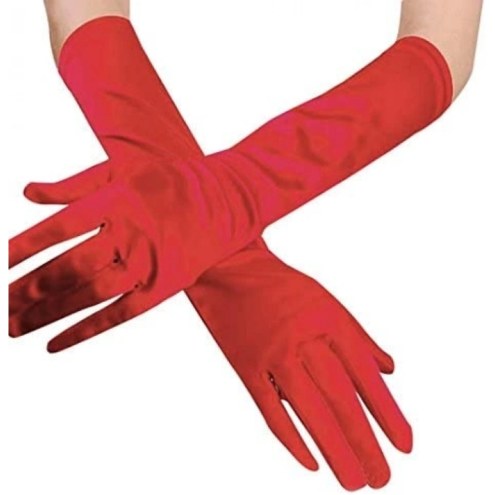 Mey İthalat® Kırmızı Renk Dirseğe Kadar Uzun Kumaş Eldiven 40 cm