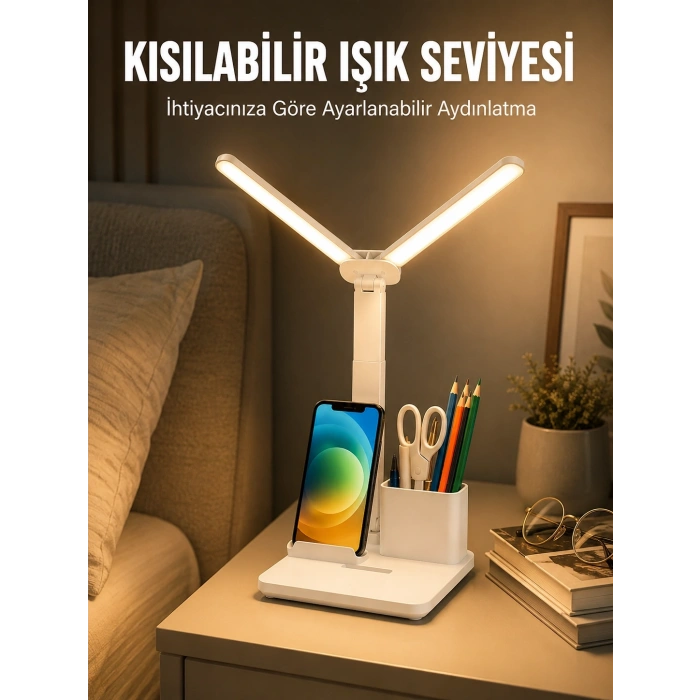 Mey İthalat® Kısılabilir LED Masa Lambası – Kalemlik, Telefon Standı ve Okuma Işığı Bir Arada Yeni Nesil