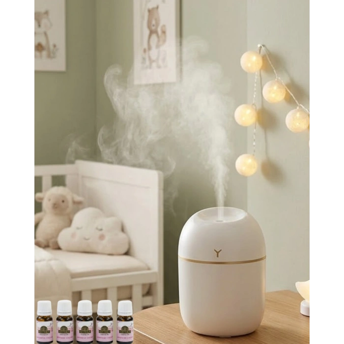Mey İthalat® Kompakt Mini Hava Nemlendirici 5 Esans Hediyeli LED Işıklı USB Aromaterapi Cihazı