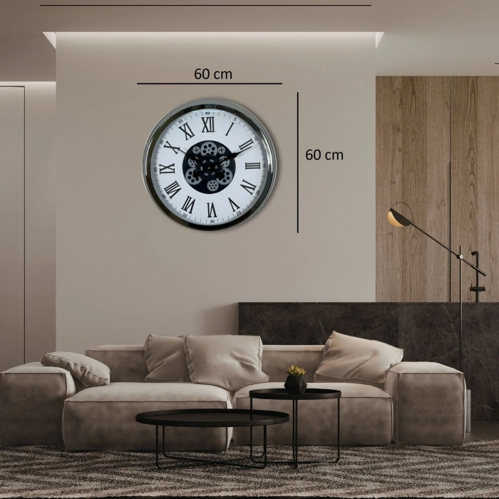 Mey İthalat® Krom Roma Rakamlı 60 Cm Çarklı Duvar Saati