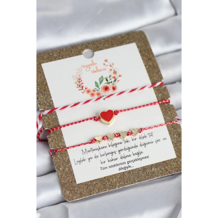 Mey İthalat® Marteniçka Bileklik 3lü Kırmızı Mineli Kalp Model