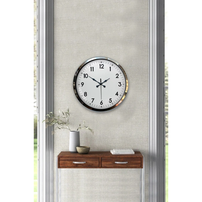 Mey İthalat® Modern Klasik 40 Cm Krom Metal Duvar Saati