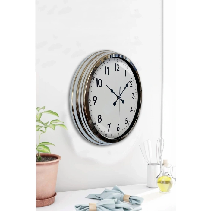 Mey İthalat® Modern Klasik 40 Cm Krom Metal Duvar Saati