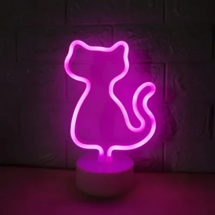 Mey İthalat® Neon Kedi Masa Gece Lambası Pembe Işık