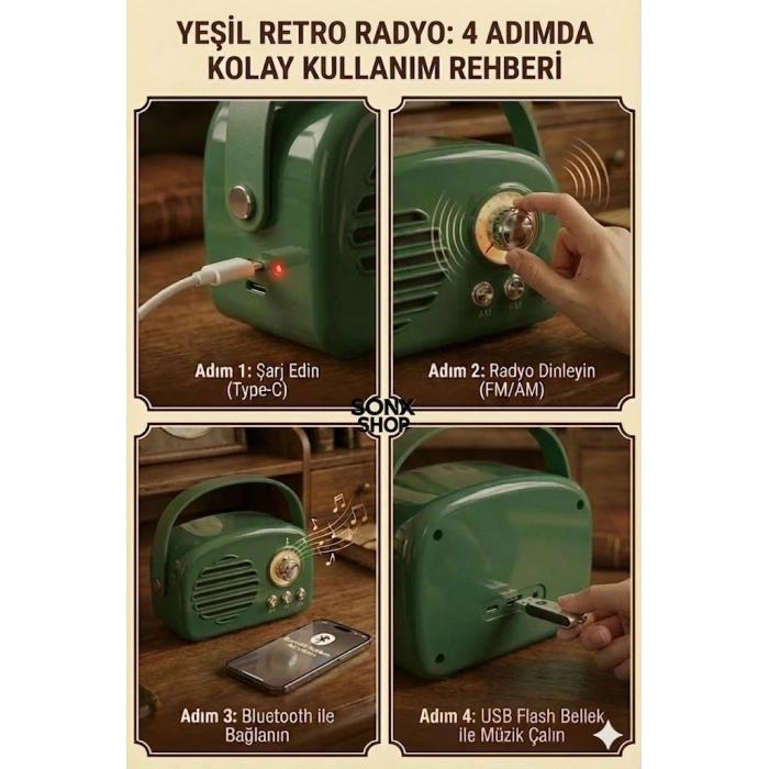 Mey İthalat®  Nostaljik Retro Bluetooth  - FM Radyo, USB ve Bluetooth Kablosuz Hoparlör