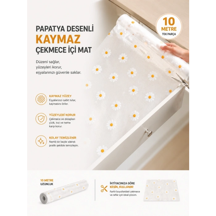 Mey İthalat® Papatya Desenli Kaymaz Dolap Ve Çekmece İçi Mat 10 Metre