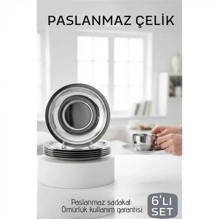 Mey İthalat® Paslanmaz Çelik Çay Tabağı Seti - Premium 304 Kalite  6 Parça Lüks Aynalı Parlaklık ve Modern Tasarım