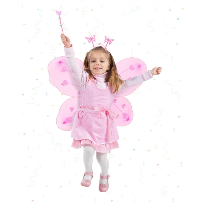 Mey İthalat® Pembe Kelebek Kız Seti – 50 cm Kelebek Kanadı, Taç ve Asa