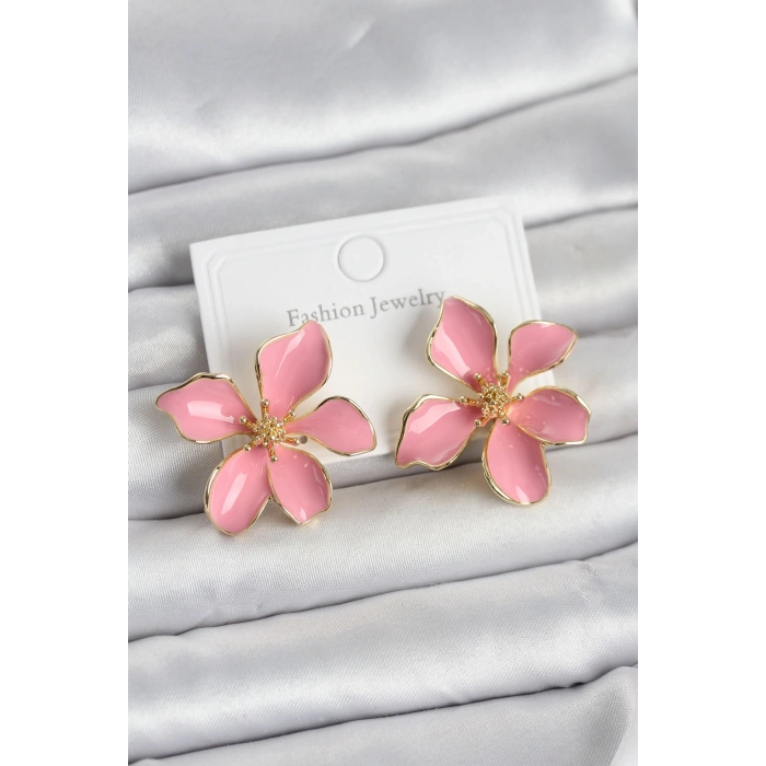 Mey İthalat® Pembe Mineli Çiçek Model Pirinç Kadın Küpe