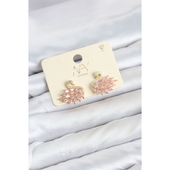 Mey İthalat® Pembe Zirkon Taşlı Gold Swan Kuğu Model Kadın Küpe