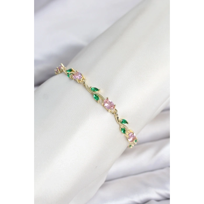 Mey İthalat® Pirinç Gold Renk Pembe Zirkon Taşlı Çiçek Model Kadın Bileklik