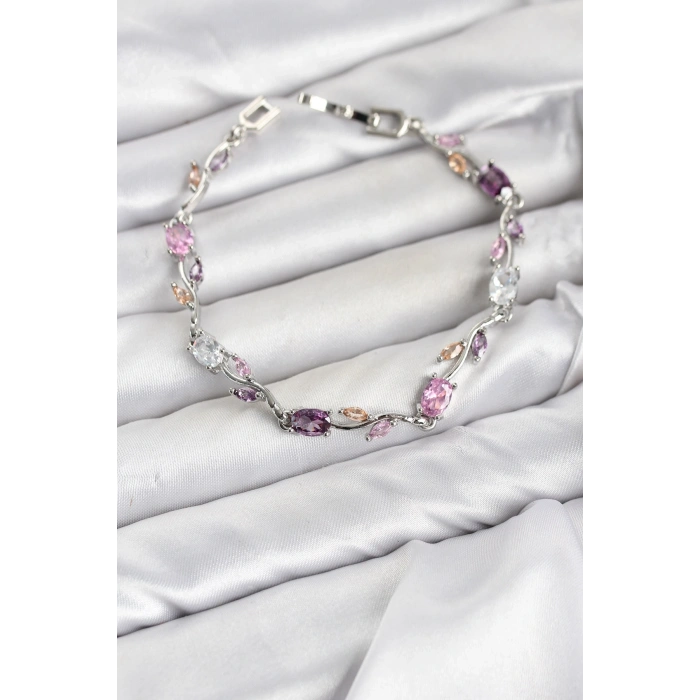 Mey İthalat® Pirinç Gümüş Renk Pembe ve Mor Zirkon Taşlı Çiçek Model Kadın Bileklik