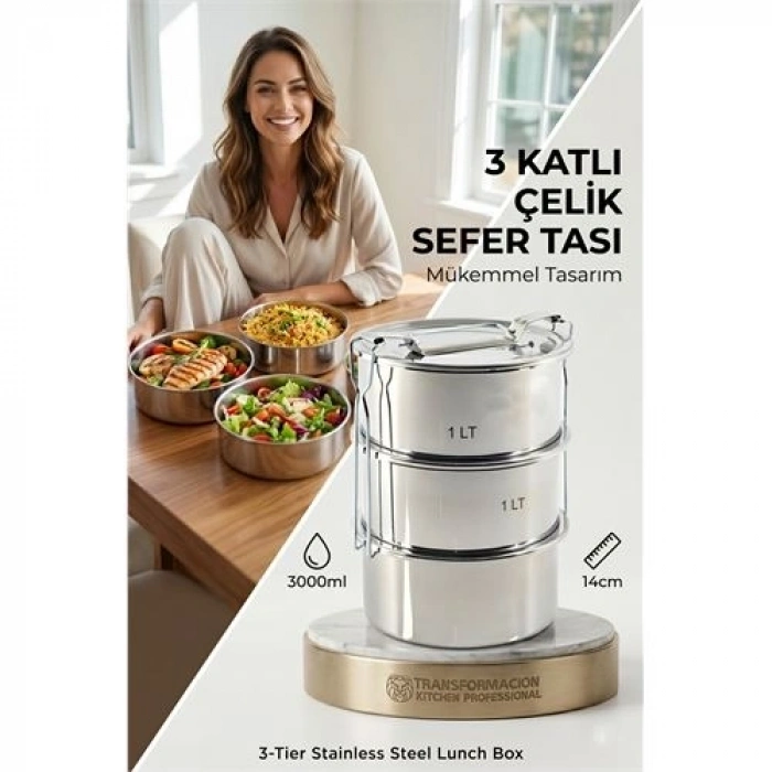 Mey İthalat®  Sefer Tası Yemek Kabı Paslanmaz Çelik 3 Katlı 14 cm 3 LİTRE 721366