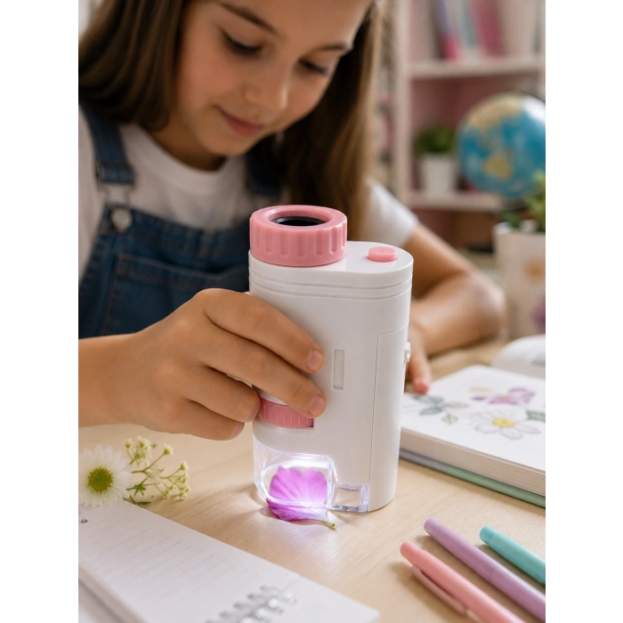 Mey İthalat® Taşınabilir LED Mikroskop 80X-200X Büyütmeli Çocuklar İçin Eğitici Bilim Mikroskobu