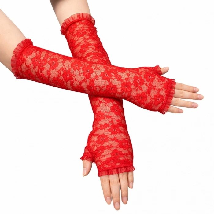 Mey İthalat® Uzun Zarif Dantel Eldiven Parmaksız Kırmızı 35 cm