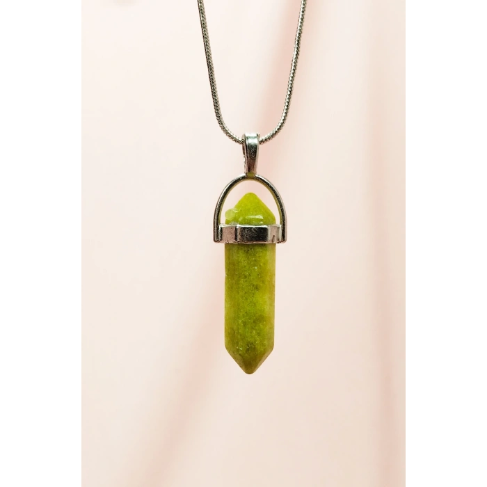 Moldavit Doğal Taşı Zincirli El Yapımı Tasarımlı Kolye Uç: 3,5 cm Zincir: 20 cm Kutulu