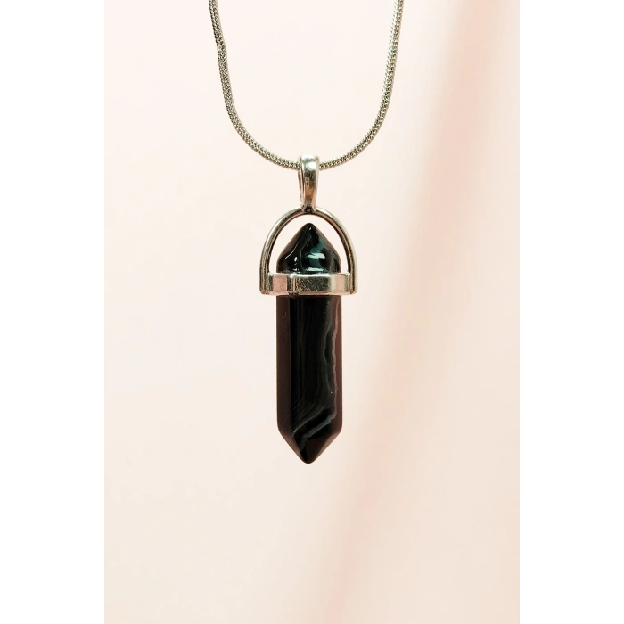 Obsidyen Doğal Taşı Zincirli El Yapımı Tasarımlı Kolye Uç: 3,5 cm Zincir: 20 cm Kutulu