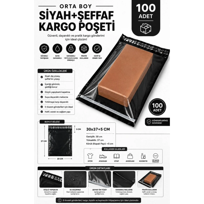 Orta Boy Siyah Şeffaf Kargo Poşeti 30x37+5 Cm 100 Adet