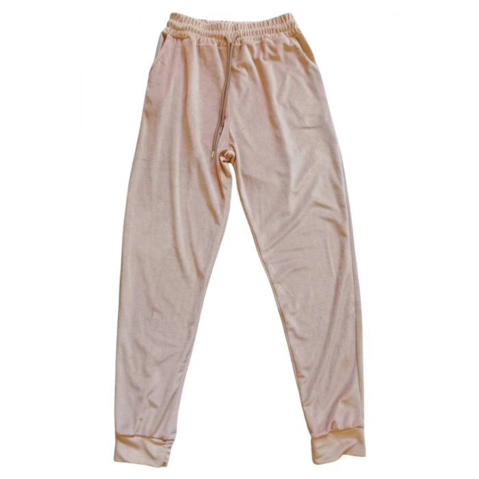 Parlak Kadife Cepli Pantolon Eşofman Pijama Altı Unisex Lastikli Paça Bej