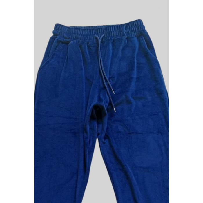 Parlak Kadife Cepli Pantolon Eşofman Pijama Altı Unisex Lastikli Paça Lacivert