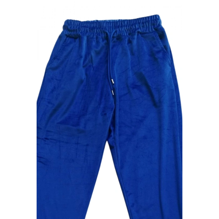 Parlak Kadife Cepli Pantolon Eşofman Pijama Altı Unisex Lastikli Paça Mavi