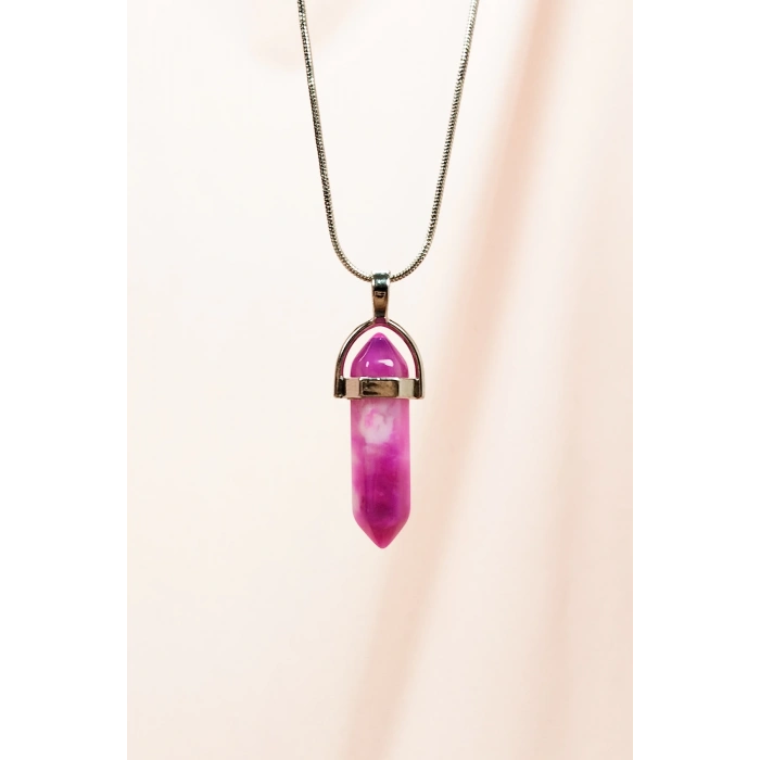 Pembe Akit Doğal Taşı Zincirli El Yapımı Tasarımlı Kolye Uç: 3,5 cm Zincir: 20 cm Kutulu