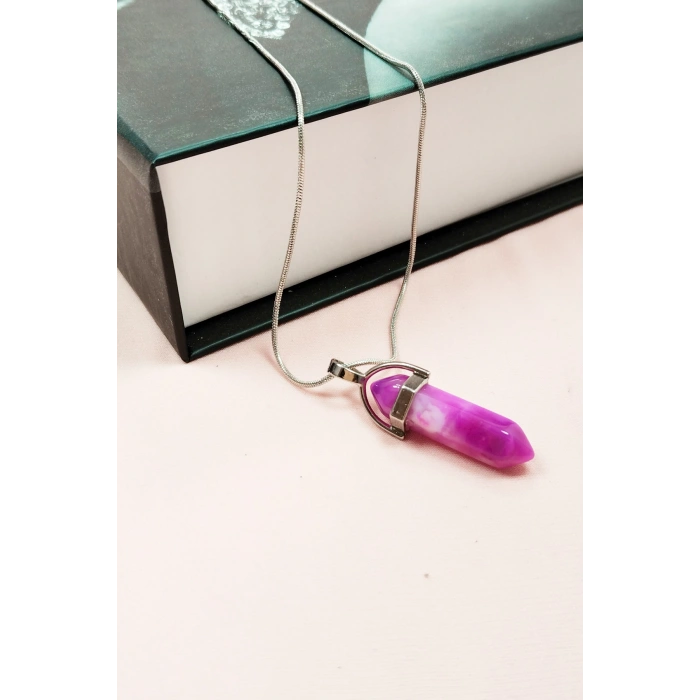 Pembe Akit Doğal Taşı Zincirli El Yapımı Tasarımlı Kolye Uç: 3,5 cm Zincir: 20 cm Kutulu