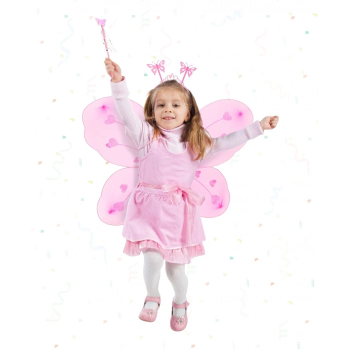 Pembe Kelebek Kız Seti – 50 Cm Kelebek Kanadı, Taç Ve Asa