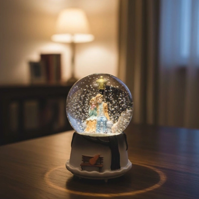 Pilli Işıklı Müzikli Kar Küresi–Kış Masalı Bankta Sevgili Figürlü Eğlenceli Masaüstü Biblo, LED Aydınlatmalı Dekoratif Hediyelik Kar Küresi