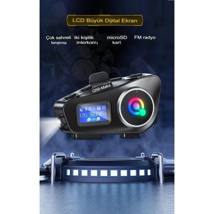 Q58-max Radyolu 2 Kişi Bağlantılı Bluetooth Kask Kulaklık Ekranlı Fenerli Müzik Ve Telsiz Intercom