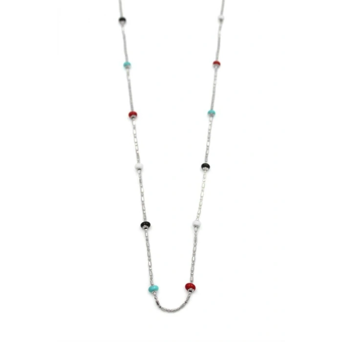 Renkli Boncuklu Zincir Kolye - Gümüş