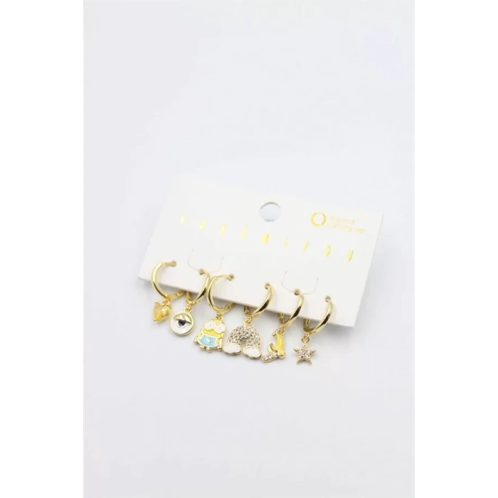 Renkli Taşlı Set Küpe - Altın