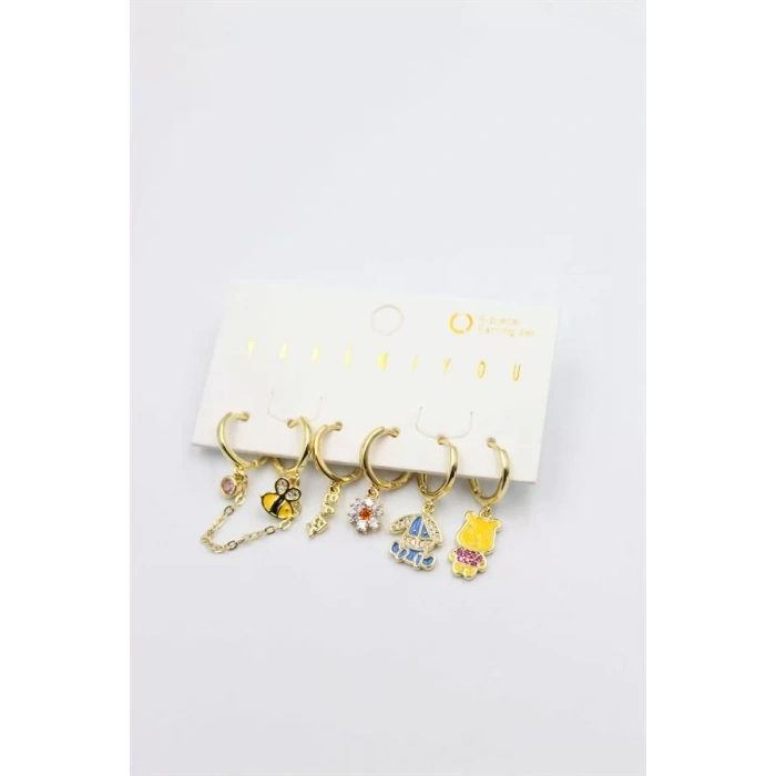 Renkli Taşlı Set Küpe - Altın