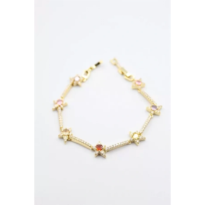 Renkli Taşlı Yıldız Bileklik - Altın