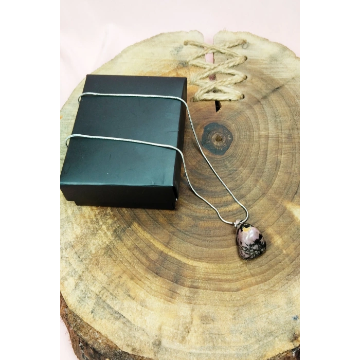 Rodonit Doğal Taşı Zincirli El Yapımı Kolye Uç: 2 cm Zincir: 20 cm Kutulu