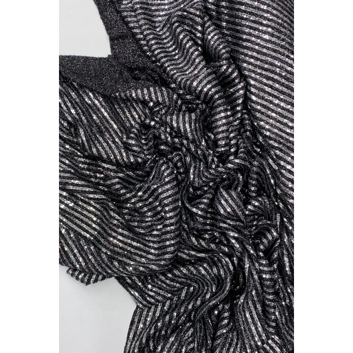 Sakallı Çizgili Pullu Kumaş  Pullu Payet Kumaş Abiye Nişan Düğün Siyah