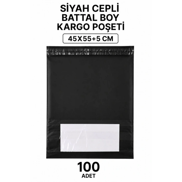 Siyah Cepli Battal Boy Kargo Poşeti 45x55+5 Cm 100 Adet
