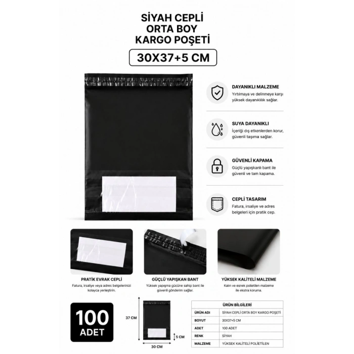 Siyah Cepli Orta Boy Kargo Poşeti 30x37+5 Cm 100 Adet