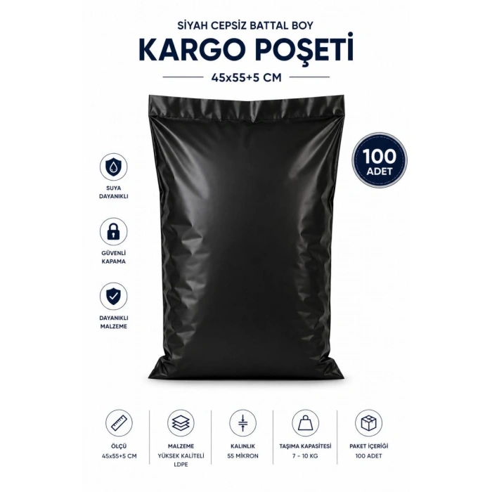 Siyah Cepsiz Battal Boy Kargo Poşeti 45x55+5 Cm 100 Adet