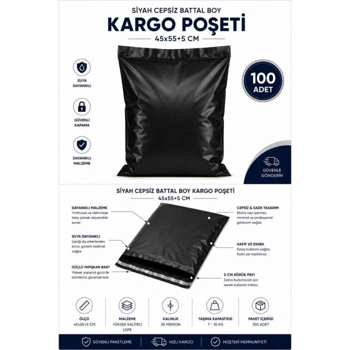 Siyah Cepsiz Battal Boy Kargo Poşeti 45x55+5 Cm 100 Adet