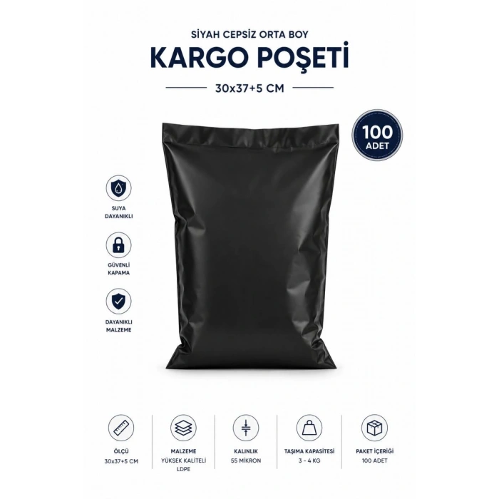 Siyah Cepsiz Orta Boy Kargo Poşeti 30x37+5 Cm 100 Adet