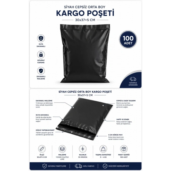 Siyah Cepsiz Orta Boy Kargo Poşeti 30x37+5 Cm 100 Adet