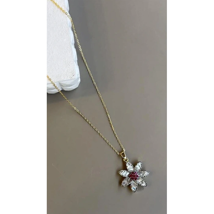 Taşlı Çiçek Kolye - Altın