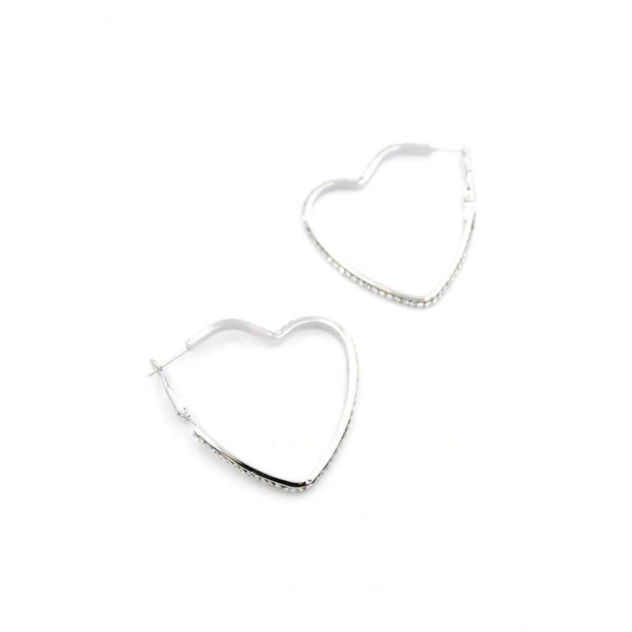 Taşlı Kalp Halka Küpe - Gümüş