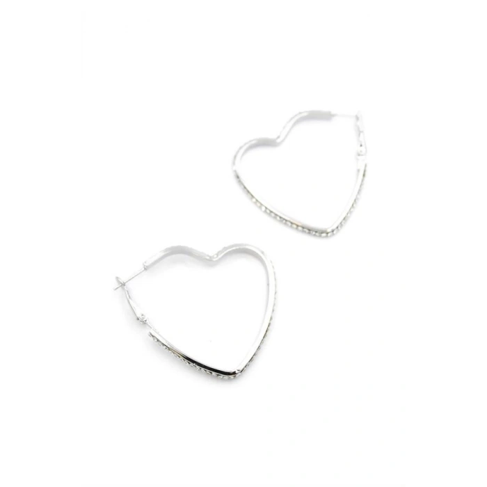 Taşlı Kalp Halka Küpe - Gümüş