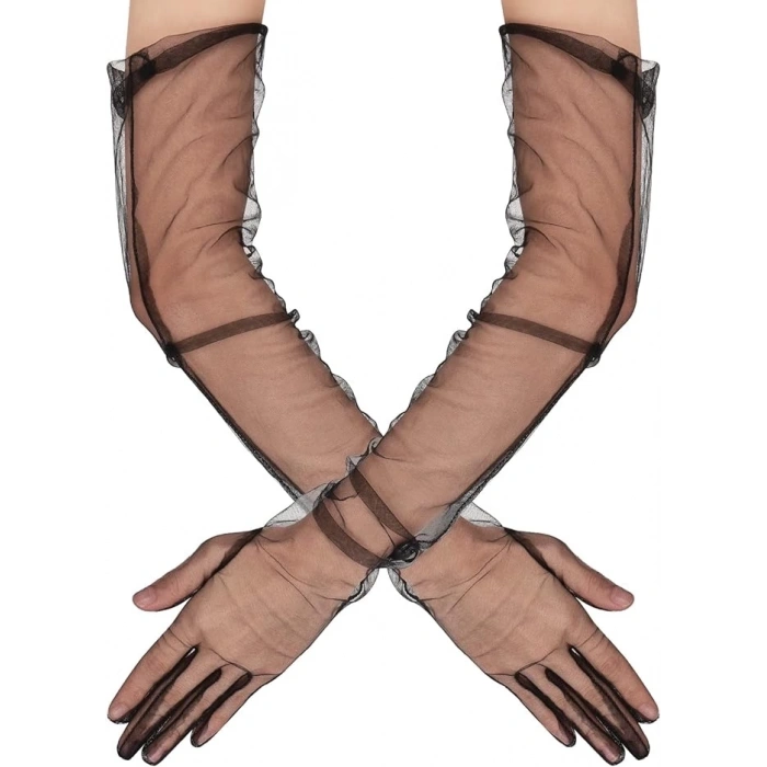 Uzun Boy Likralı Siyah Renk Yetişkin Mega Tül Eldiven 53 Cm