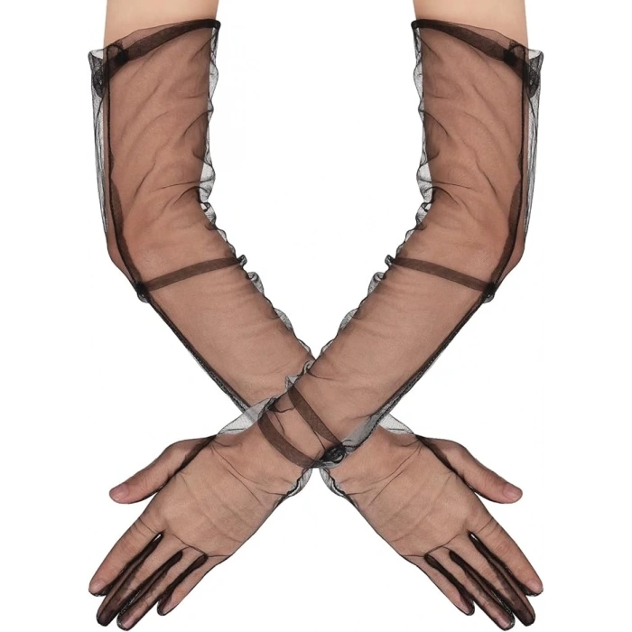 Uzun Boy Likralı Siyah Renk Yetişkin Mega Tül Eldiven 53 Cm