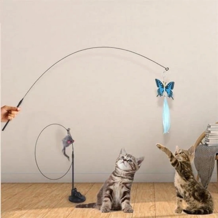 Vantuzlu Tüylü Zilli Olta Kedi Oyuncağı 2 Oltalı